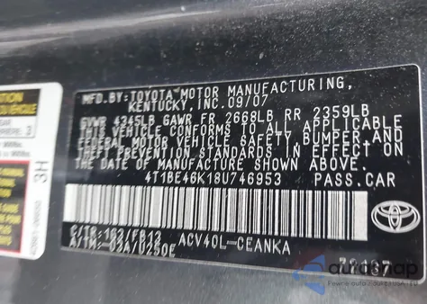 2008 Toyota Camry Le из США, поврежденный, VIN 4T1BE46K18U746953